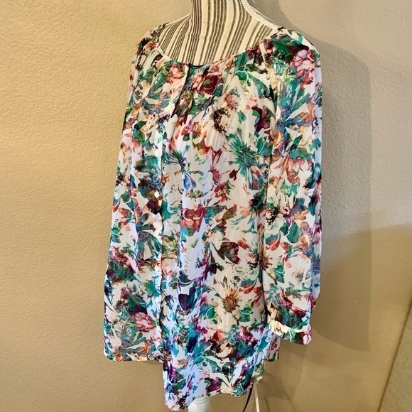 Apt 9 Blouse 1X White Floral Purple Green Orange Pink Semi Sheer Dressy - Picture 7 of 14